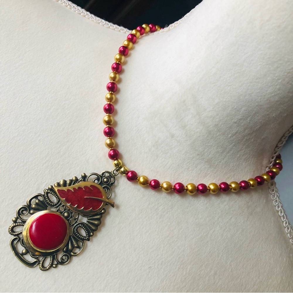 Handcrafted repurpose red enamel filigree pendant Czech glass Pearl necklace